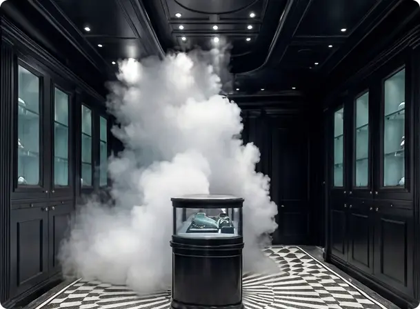 A retail interior filling with dense security fog, reducing visibility to a fraction of a metre